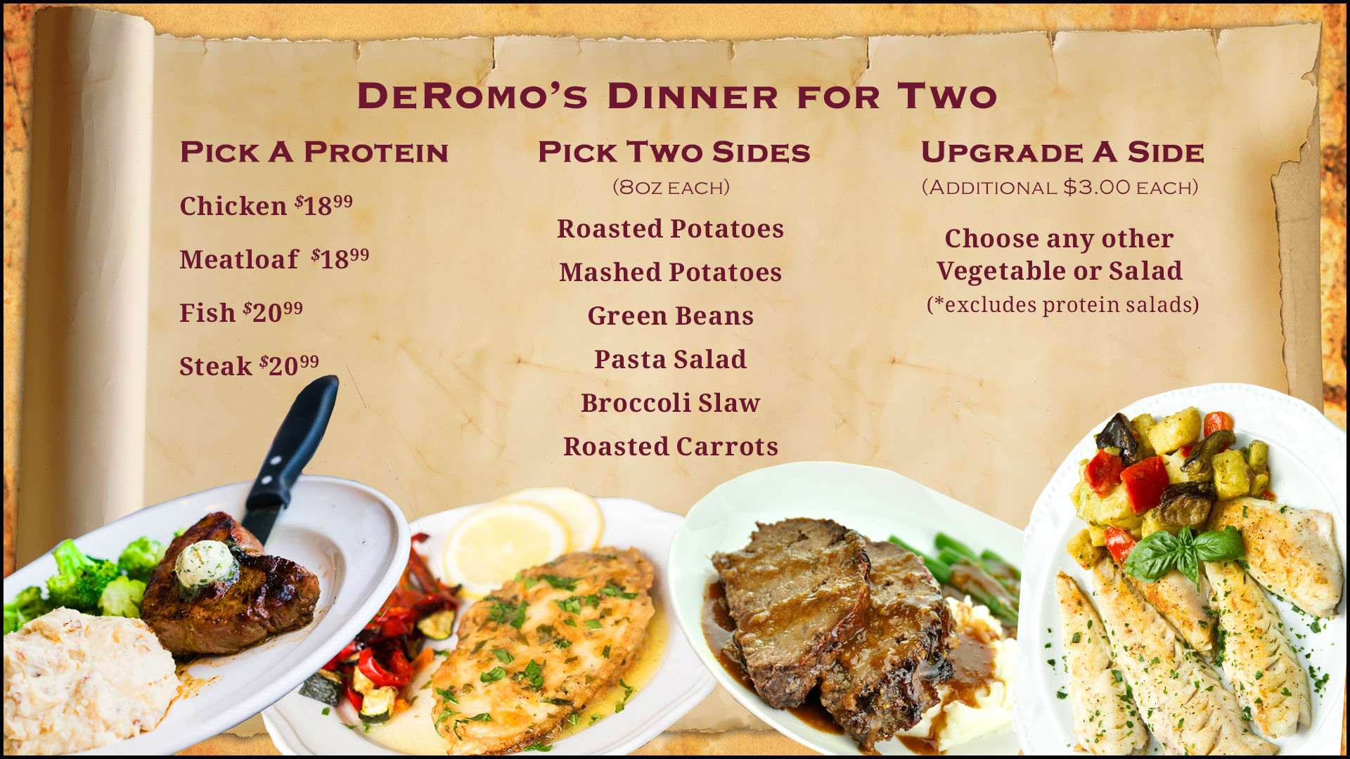 DeRomo's dinner for two menu